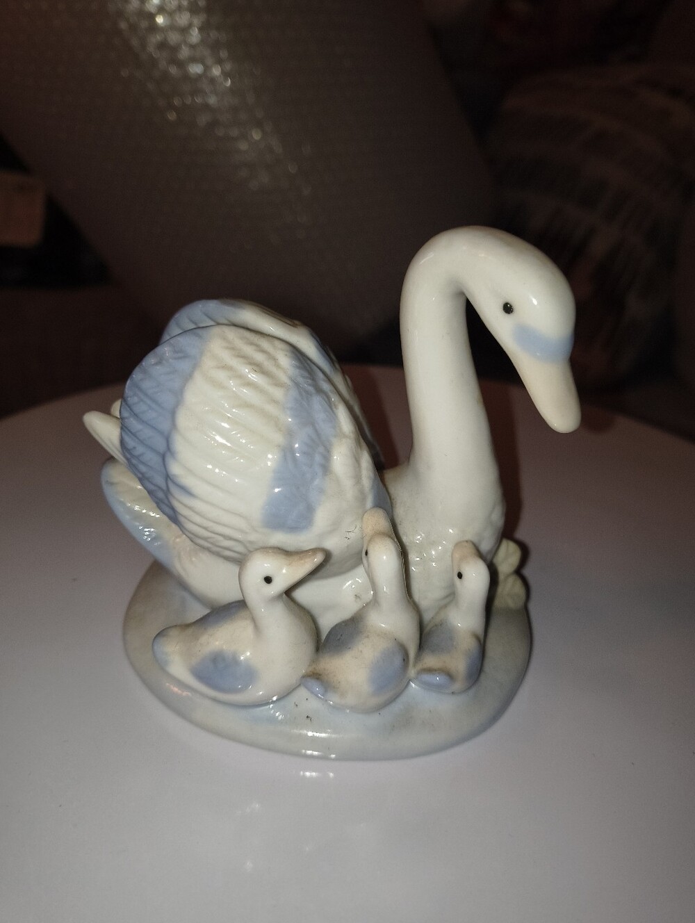 Porcelain Swan Family Figurine in White and Pale Blue